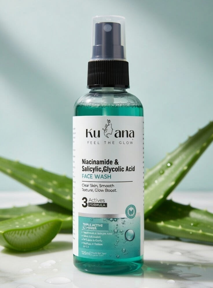 Kuvana's Triple Active Face Wash with Salicylic Acid, Glycolic Acid & Niacinamide - Acne Control Cleanser for Oily & Acne-Prone Skin - 100ml